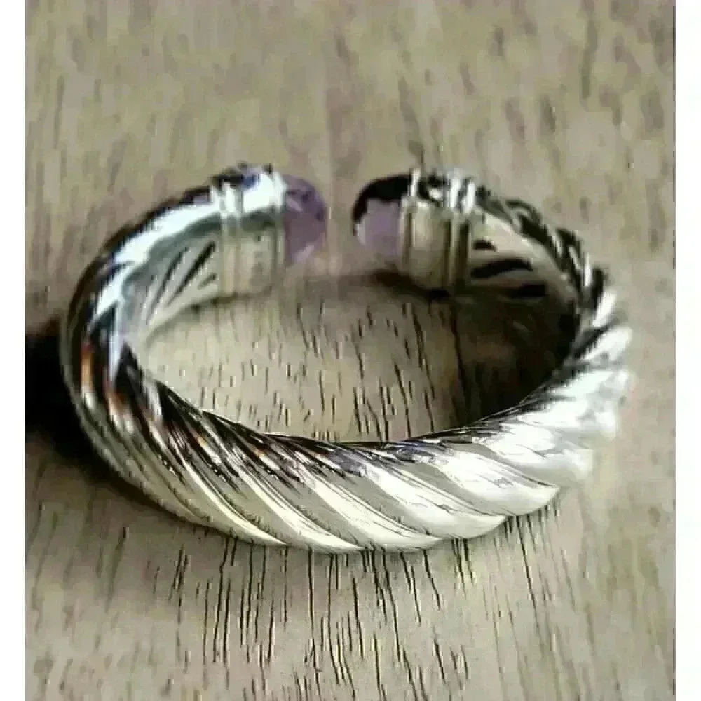 David Yurman 925 Sterling Silver Waverly 18mm Amethyst Hinged Cuff Bracelet - Picture 7 of 7
